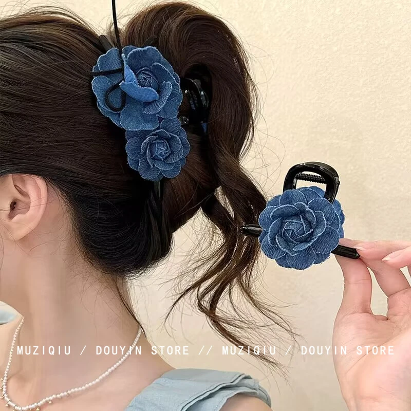 木子秋牛仔蓝~山茶花扭夹后脑勺盘发懒人夹发夹复古简约韩版优雅
