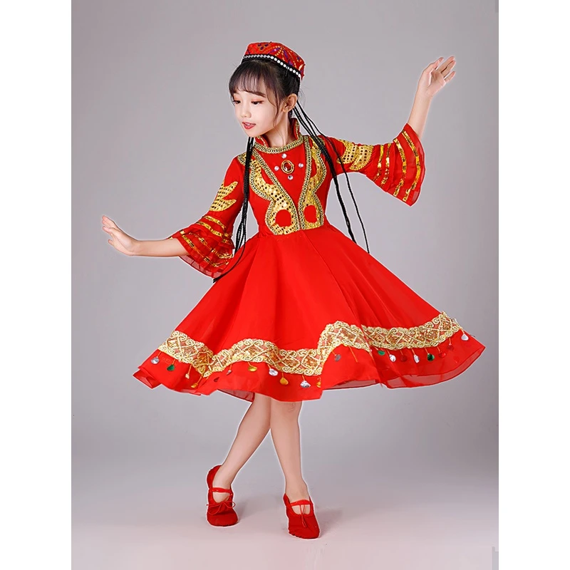 儿童少数民族新疆维吾尔舞蹈演出服小古丽哈萨克族女童练习舞大摆
