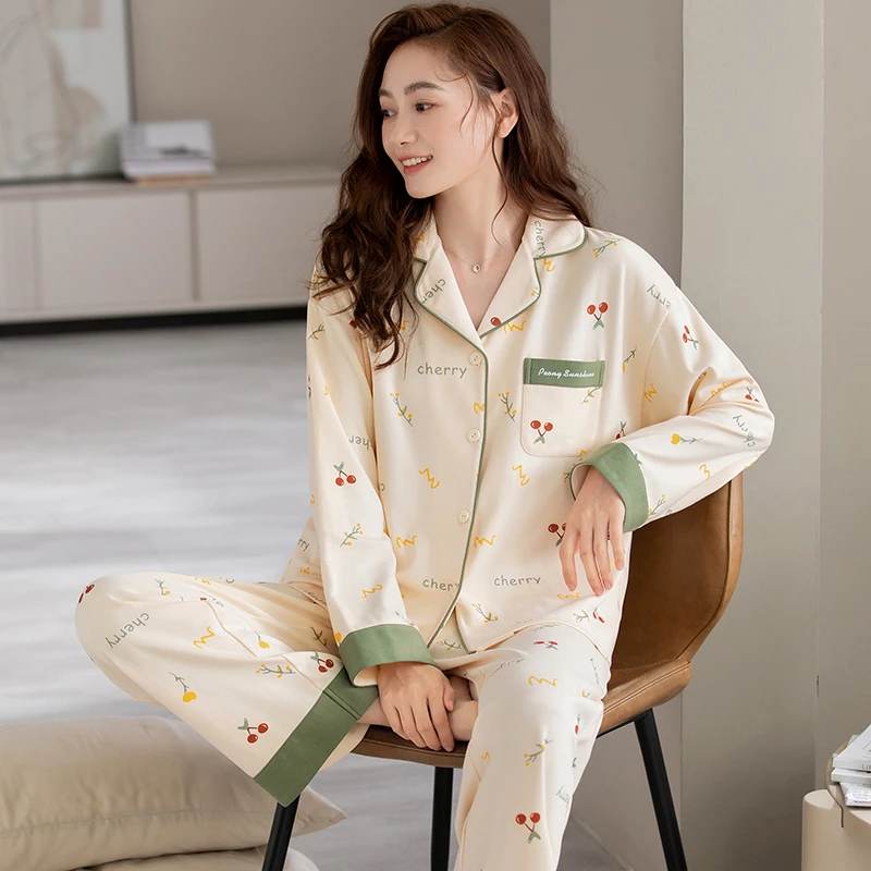秋款开衫棉质睡衣女套装长袖长裤宽松家居服可居家外穿家居服套装