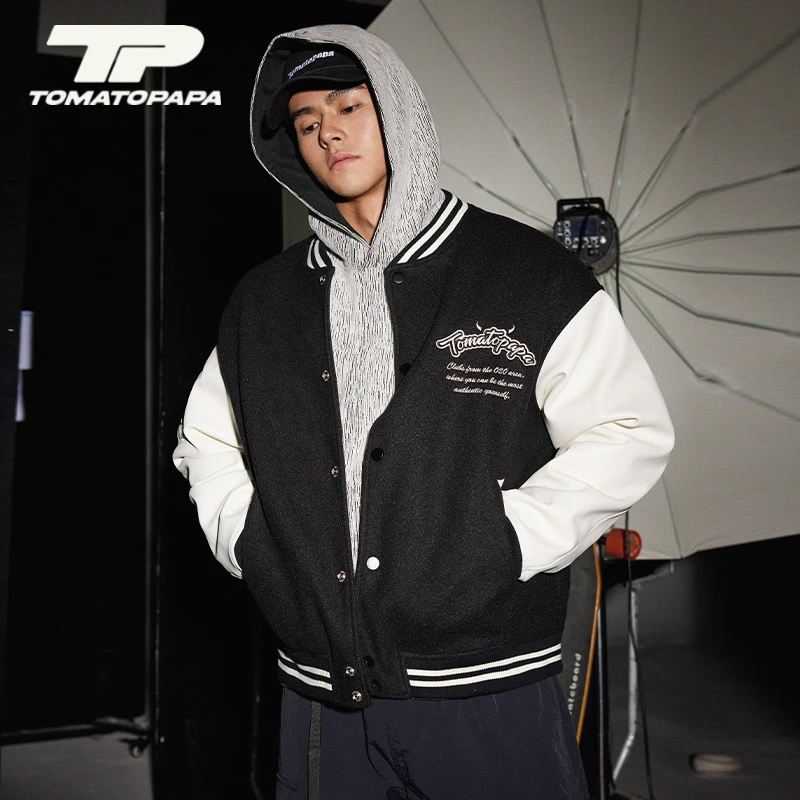 TOMATOPAPA秋冬美式飞行夹克PU皮棒球衣欧美重工刺绣外套男上衣