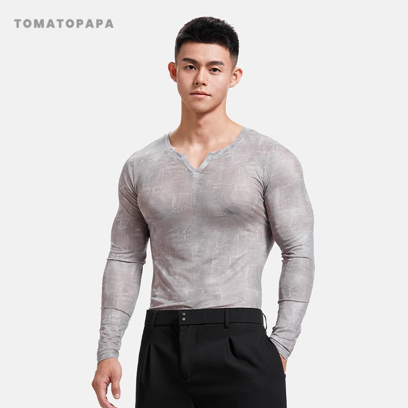 TOMATOPAPA长袖t恤2024秋冬V领运动打底衫体恤运动健身青年男上衣