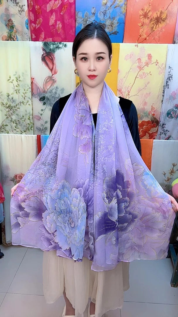 鳄鱼皱紫气东来牡丹花沙滩巾丝巾130*180