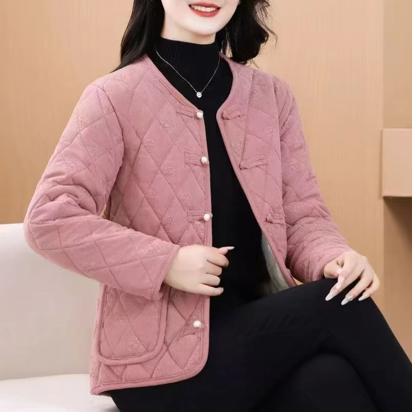 2024中老年时尚女士加绒加厚保暖圆领秋冬码短款宽松冬季棉衣