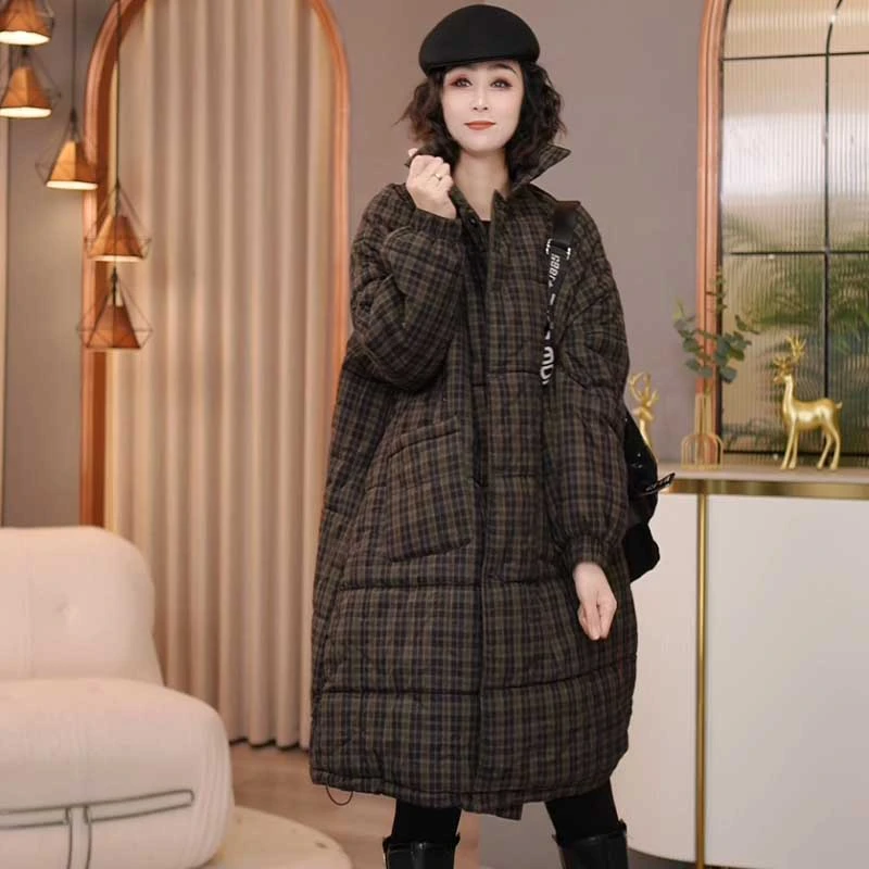 8511-9352冬季新款2024宽松休闲大码时尚加厚格子棉衣外套女