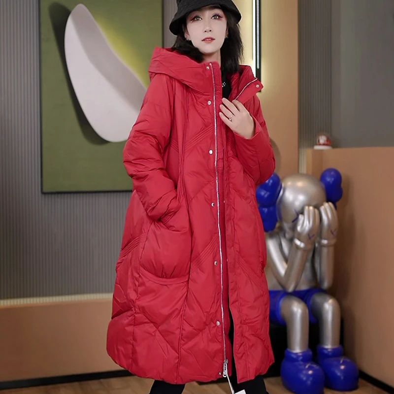 7201-3371冬季新款韩版2025宽松休闲中长款连帽羽绒服女