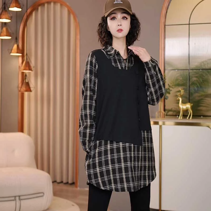 8538-14098冬季新款韩版2024宽松休闲拼接加绒假两件衬衫女