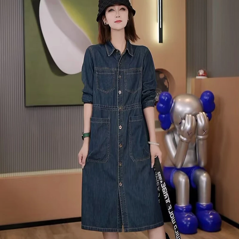 6688-2571春季新款韩版2025宽松休闲拼接单排扣牛仔连衣裙