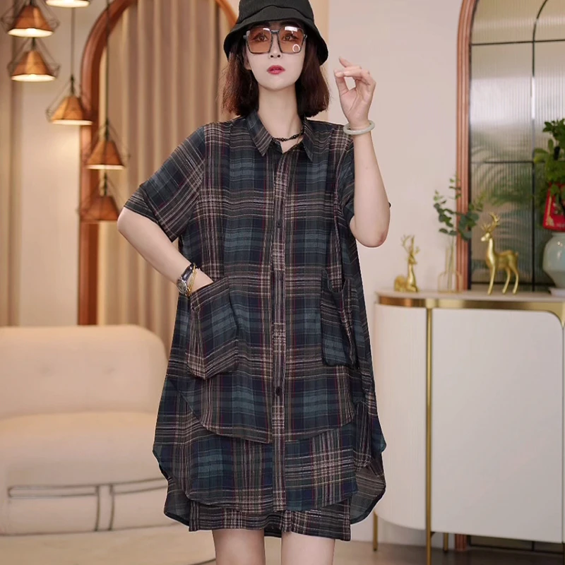 7926-868夏季新款2025宽松休闲大码拼接格子两件套套装女