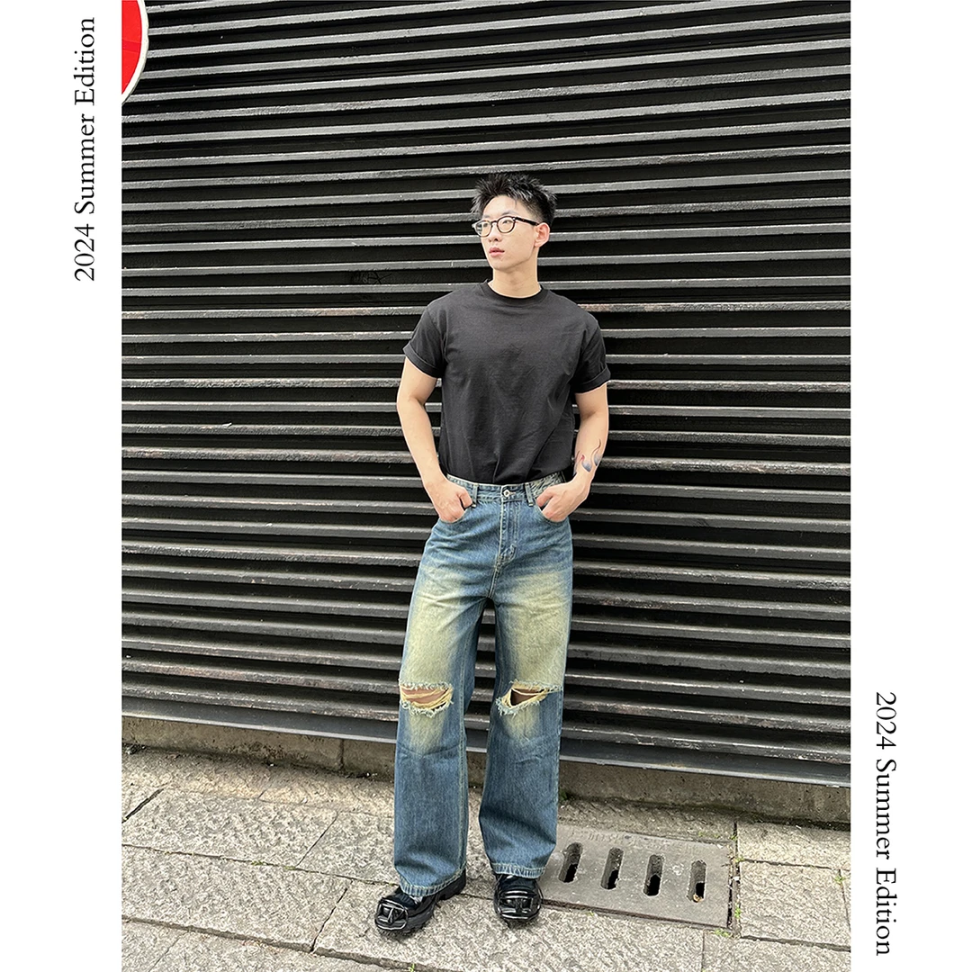 破洞之裤/夏季新款复古水洗破洞牛仔裤宽松直筒裤子破坏阔版男