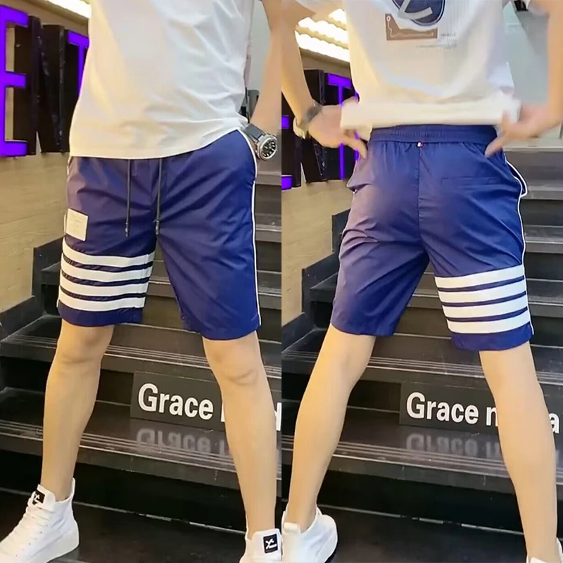 短裤男士夏季青年潮流条纹沙滩裤时尚修身五分裤松紧腰舒适运动裤