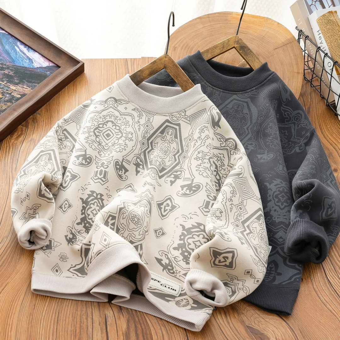 男童加绒卫衣男孩一体绒加厚打底上衣秋冬装新款2024男孩满印圆领