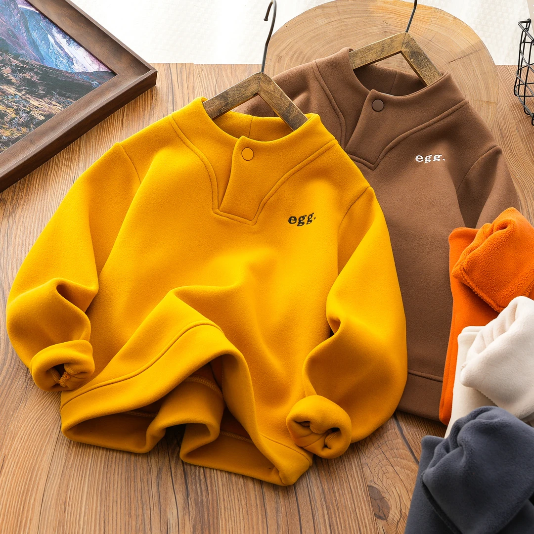 男女童加绒卫衣秋冬季2024新款男孩加厚保暖圆领衫半开领上衣冬装