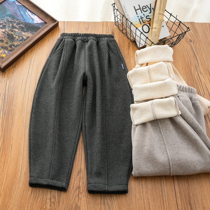 儿童纯色休闲弯刀裤中大童冬季加绒百搭萝卜裤男女通宽松简约卫裤