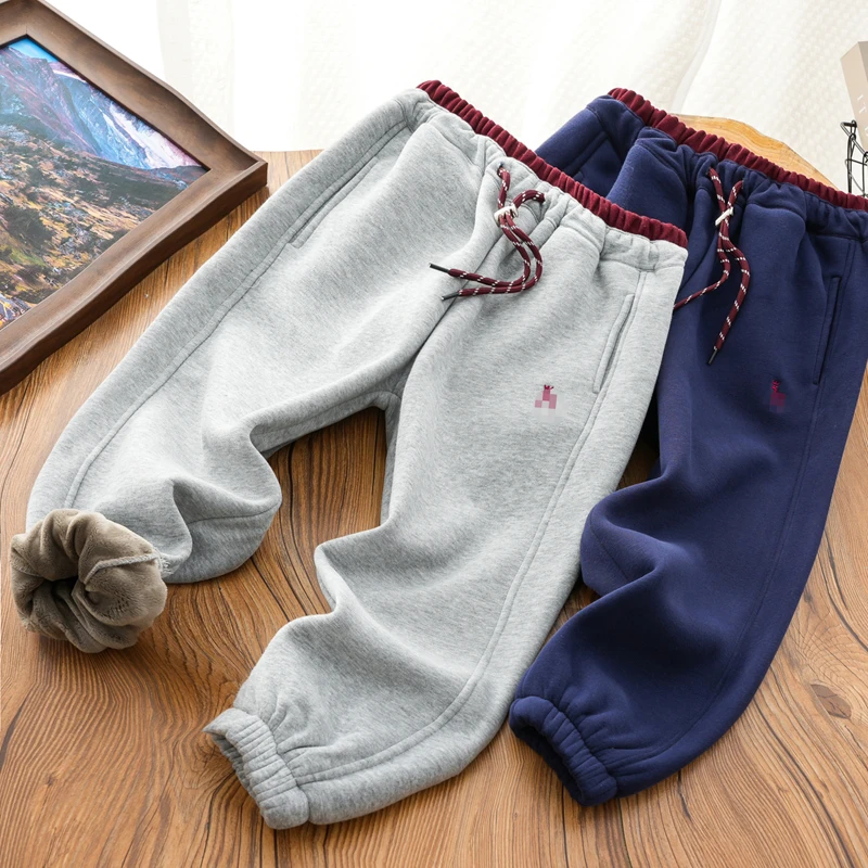 儿童加厚加绒撞色拼接休闲卫裤中大童宽松秋冬新款长裤男童软糯裤
