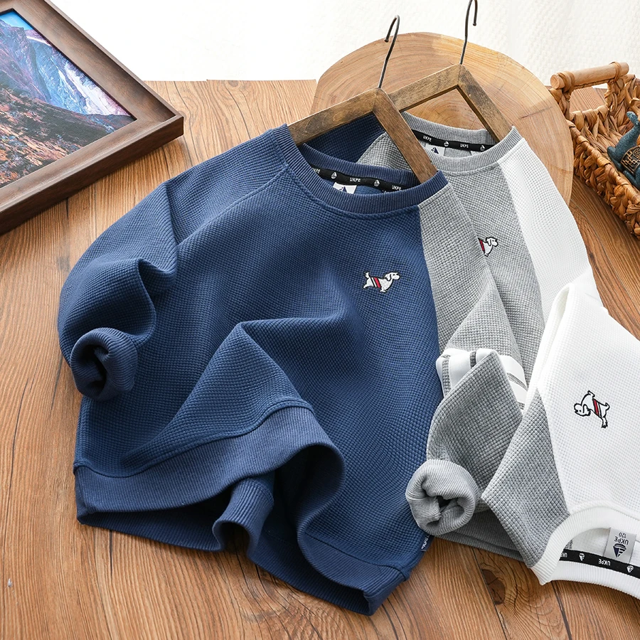 2024秋季新款华夫格卫衣中大童圆领套头长袖上衣男童拼接打底衫潮