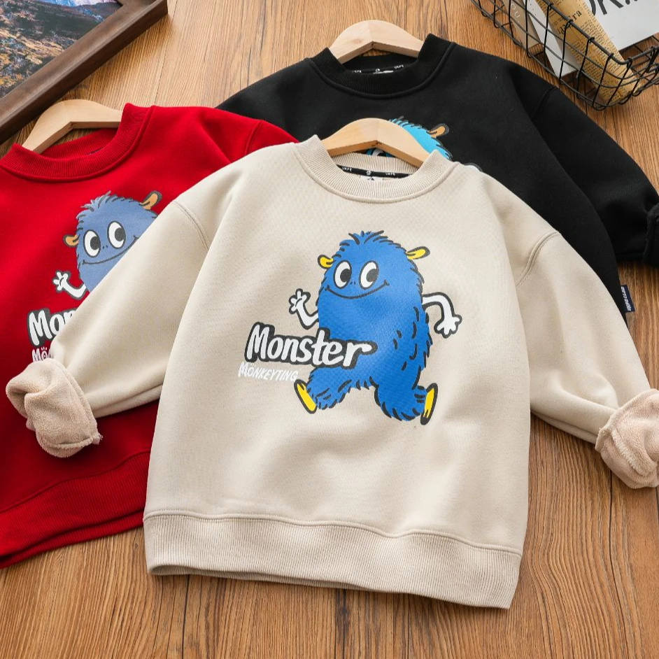 男童加绒卫衣秋冬装新款儿童卡通圆领套头衫加厚女童保暖打底上衣