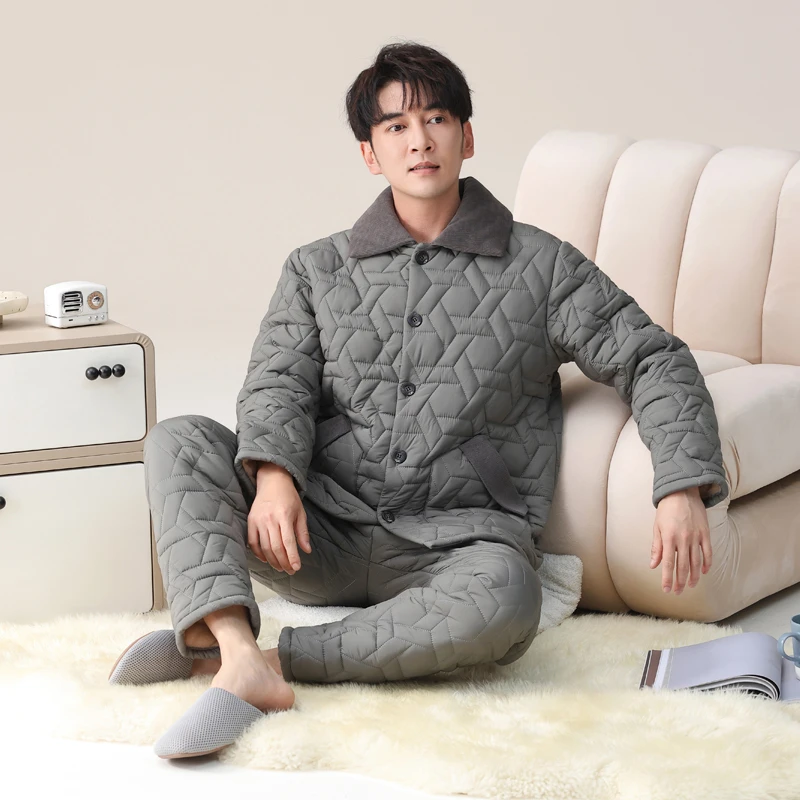 睡衣男士冬季保暖三层羽绒夹棉加厚加绒冬天青年珊瑚绒家居服套装