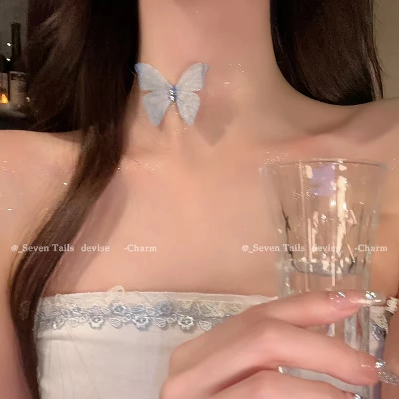 非金属布艺项链 庄生梦蝶蝴蝶choker项链女甜酷辣妹网红ins锁骨链