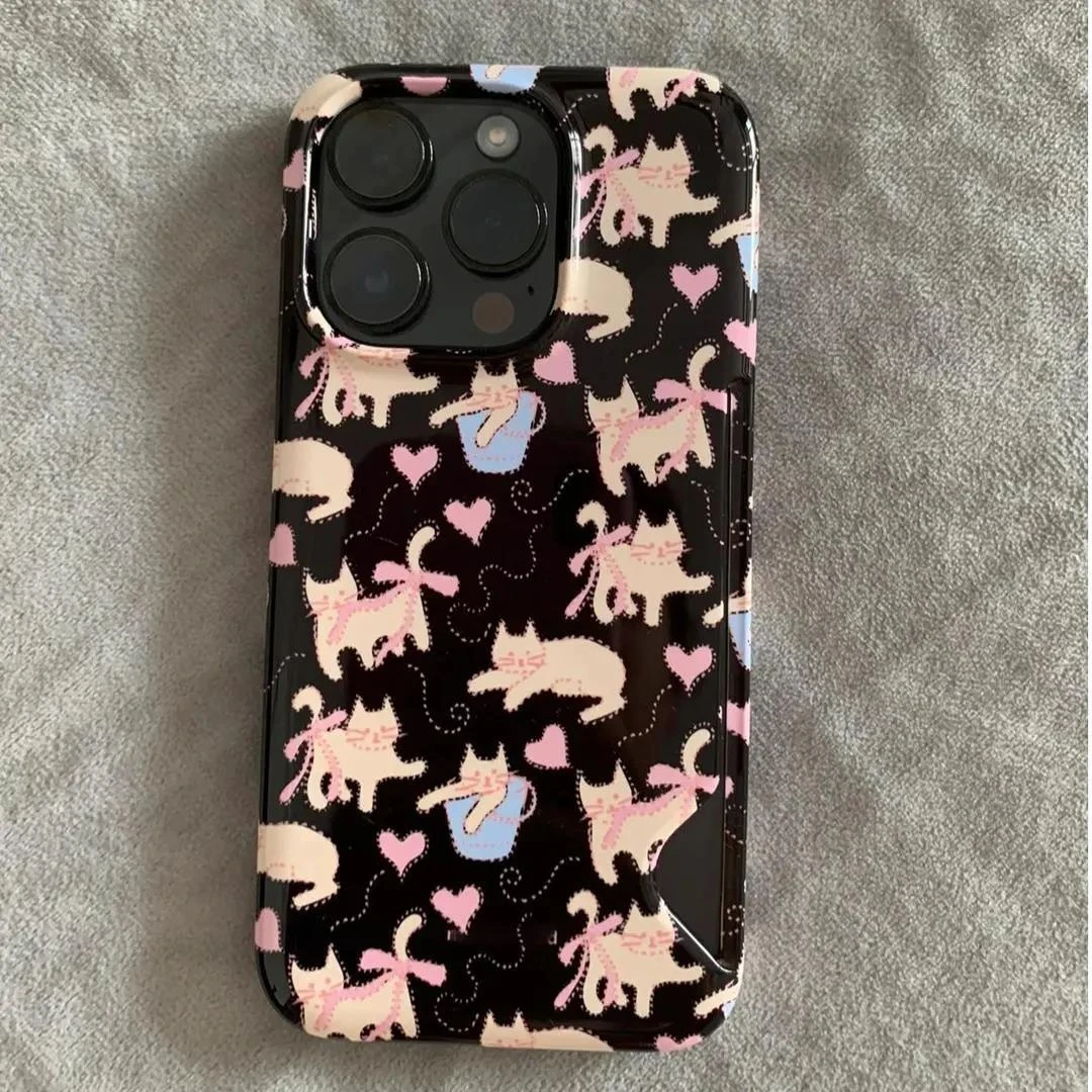 靓壳黑色爱心猫咪14苹果手机壳iPhone13Promax菲林壳11高级感12全
