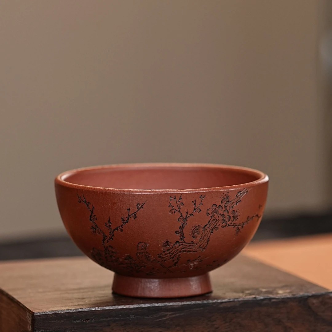 【2447梅花杯】宜兴原矿紫砂手工刻绘梅花主人杯 茶碗杯