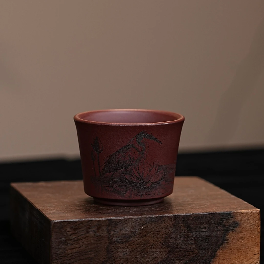 【1121白鹭杯】宜兴原矿紫砂手工刻绘白鹭品茗杯