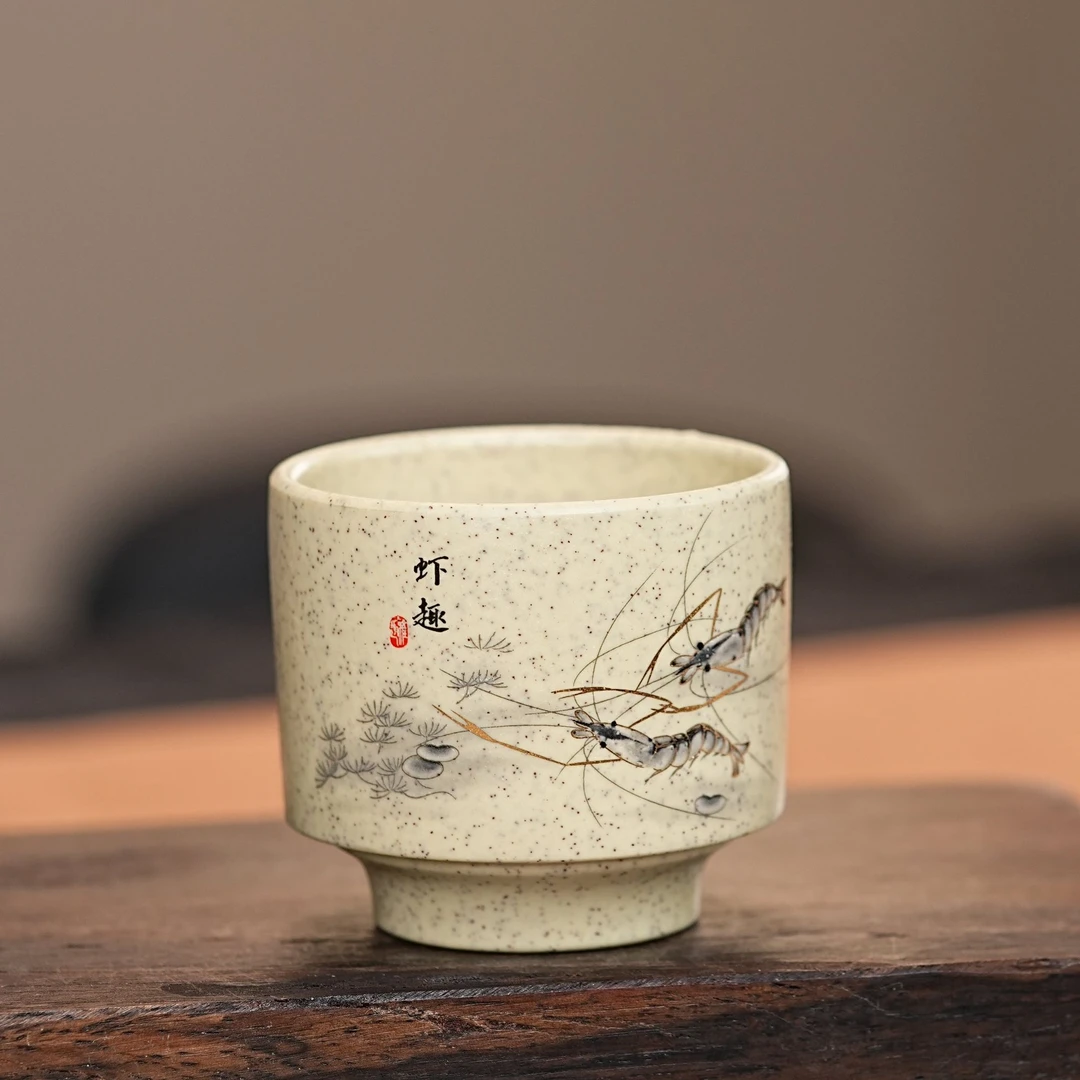 【2544虾趣杯】宜兴原矿白玉段手工珐琅彩虾趣主人杯 马蹄杯