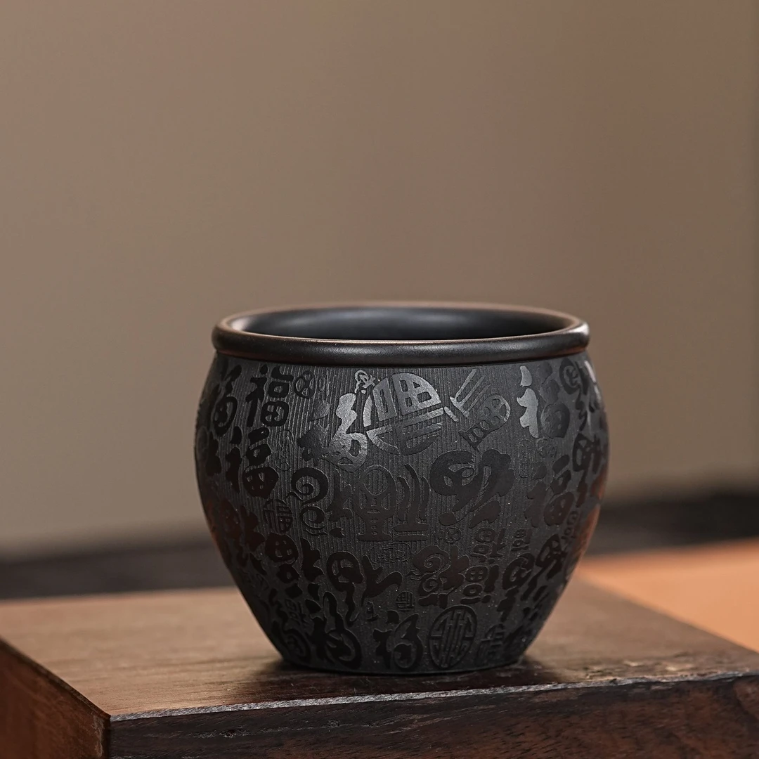 【2448百福杯】宜兴原矿石黄手工刻绘百福主人杯 缸杯