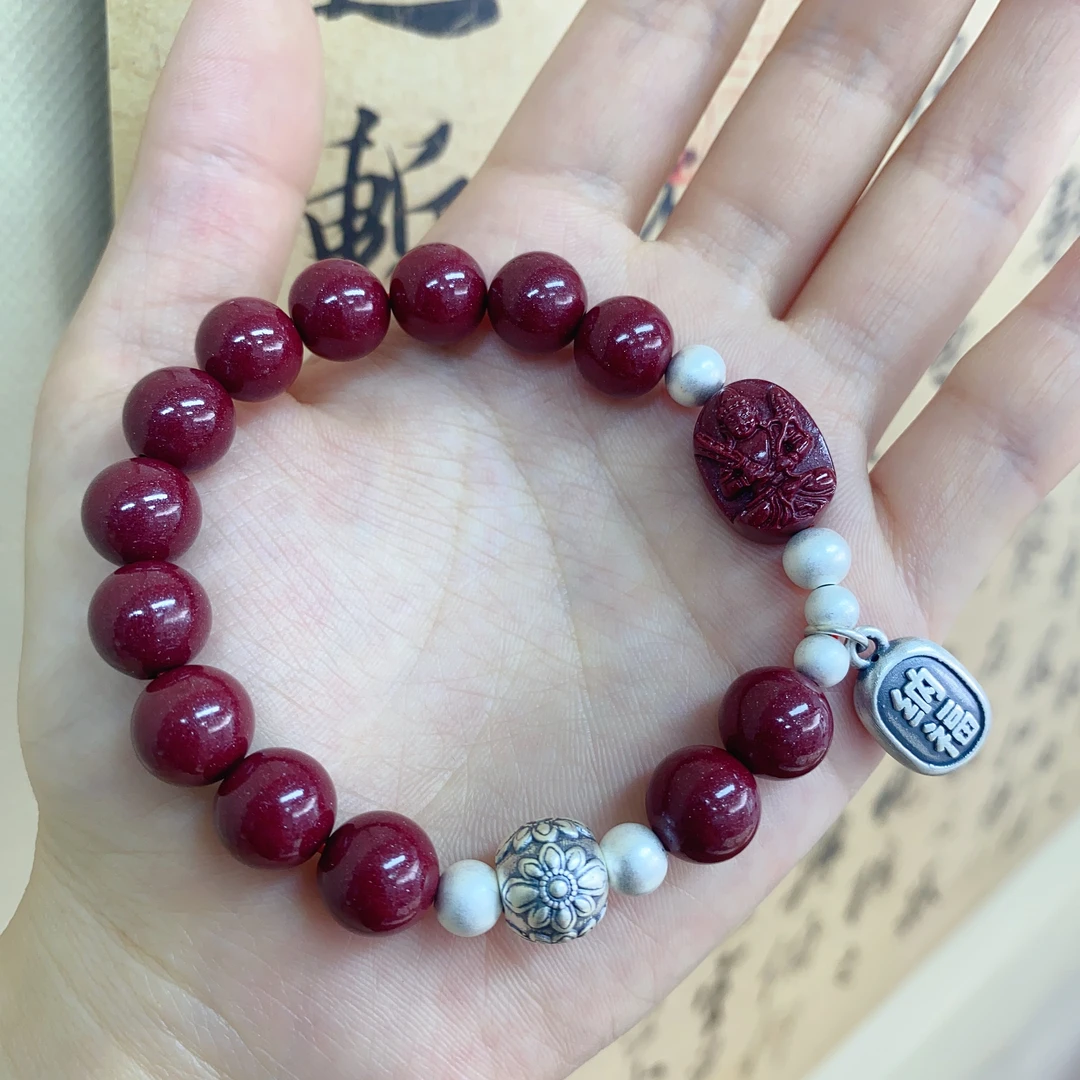 含辰砂工艺品Z26足银手链 藏式重工本命年红绳朱砂手链本命佛