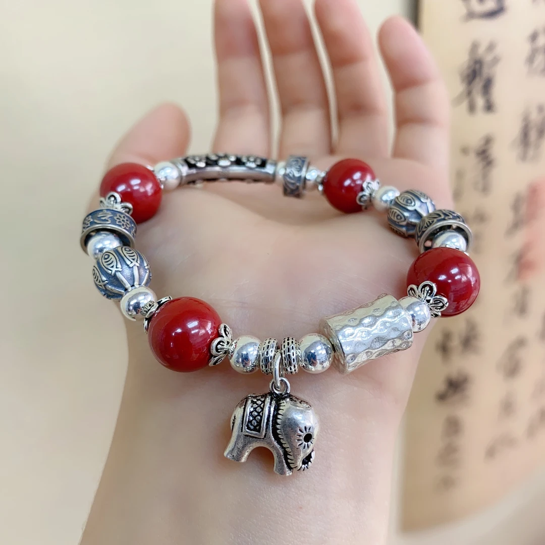 含辰砂工艺品Z16足银手链 新中式吉象送财小象朱砂情侣闺蜜手绳