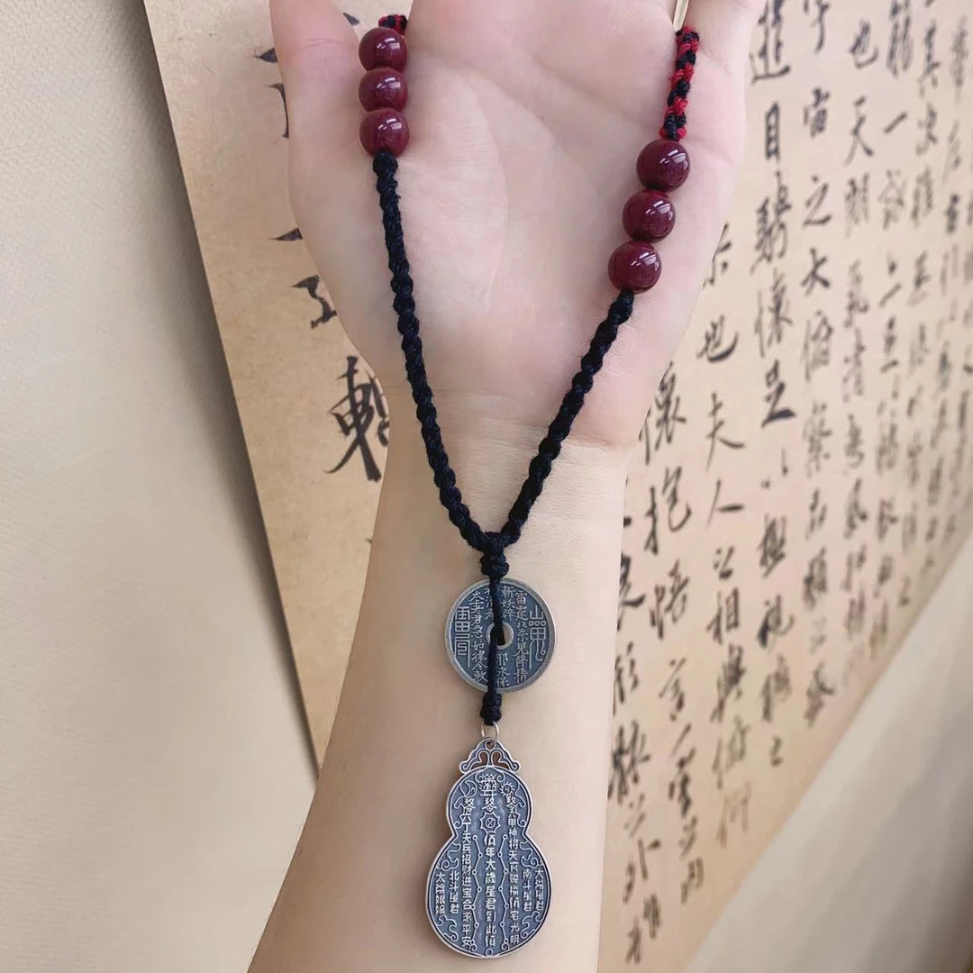 含辰砂工艺品Z39 藏式重工福禄双全平安牌纯手工编绳项链