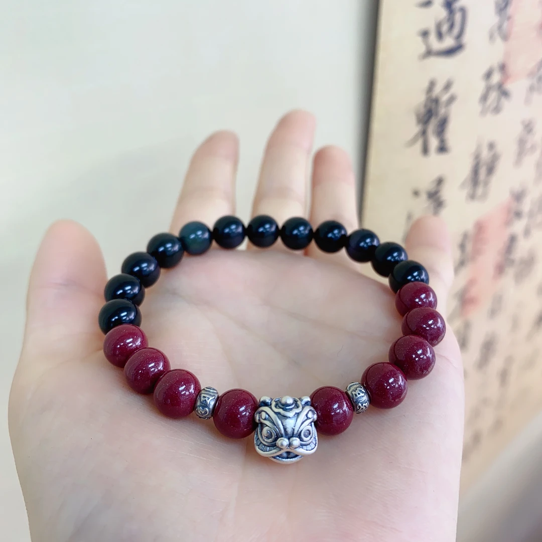 含辰砂工艺品Z42足银手链 新中式事事平安朱砂醒狮情侣闺蜜手链