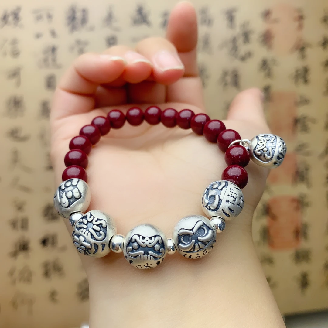 含辰砂工艺品Z46足银手链 藏式重工五达摩纯手工编织朱砂手串