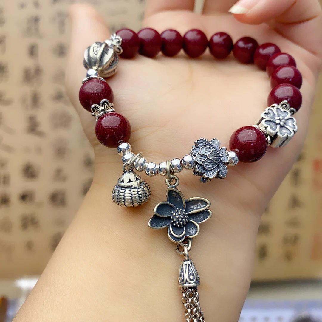 含辰砂工艺品Z35足银手链 小众设计两世欢莲花纯手工编织朱砂手串