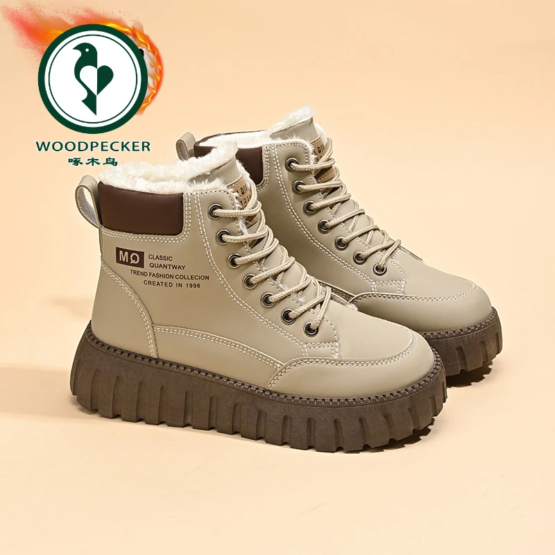 【正品】啄木鸟冬季加绒高帮马丁靴女韩版百搭加厚保暖棉鞋厚底短靴