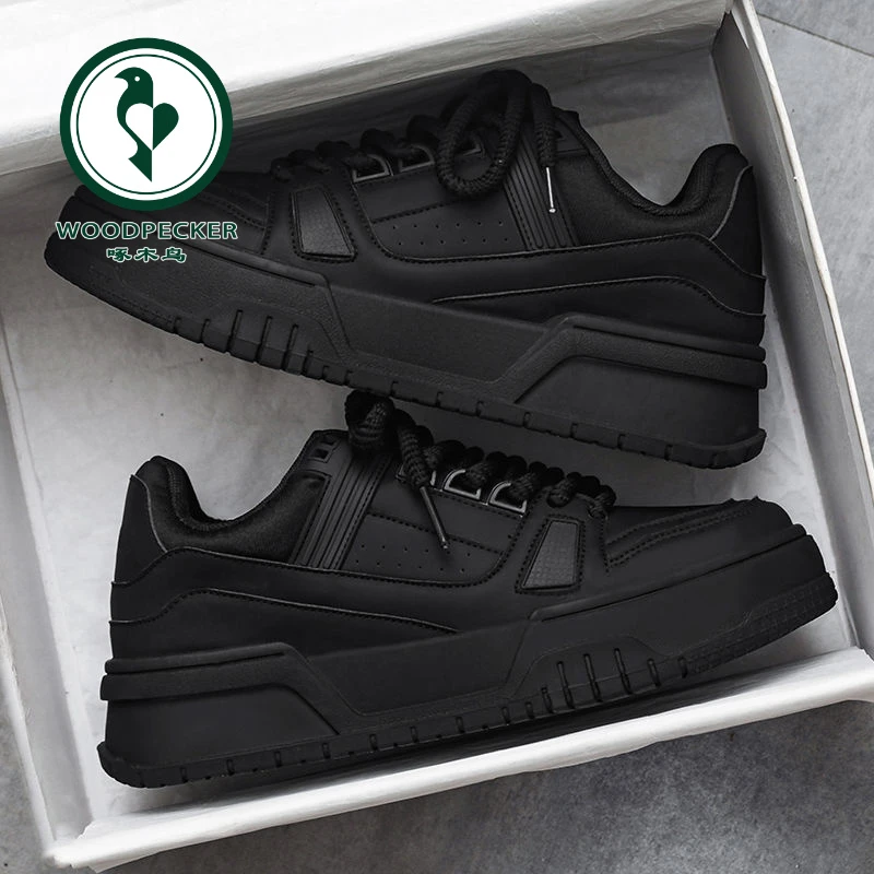 【正品】啄木鸟小众设计百搭休闲纯黑色板鞋青少年运动厚底增高面包