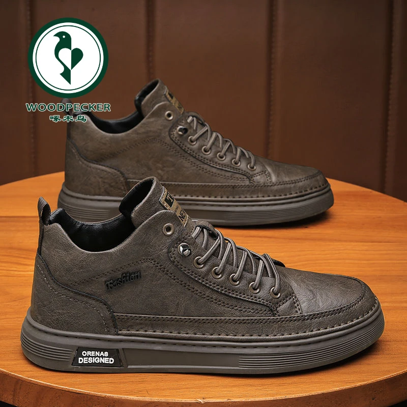 【正品】啄木鸟冬季高帮复古英伦休闲皮鞋高级感工装靴一脚蹬板鞋潮