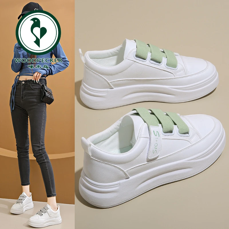 【正品】啄木鸟魔术贴小白鞋女2024秋季新款韩版学生跑步板鞋女ins