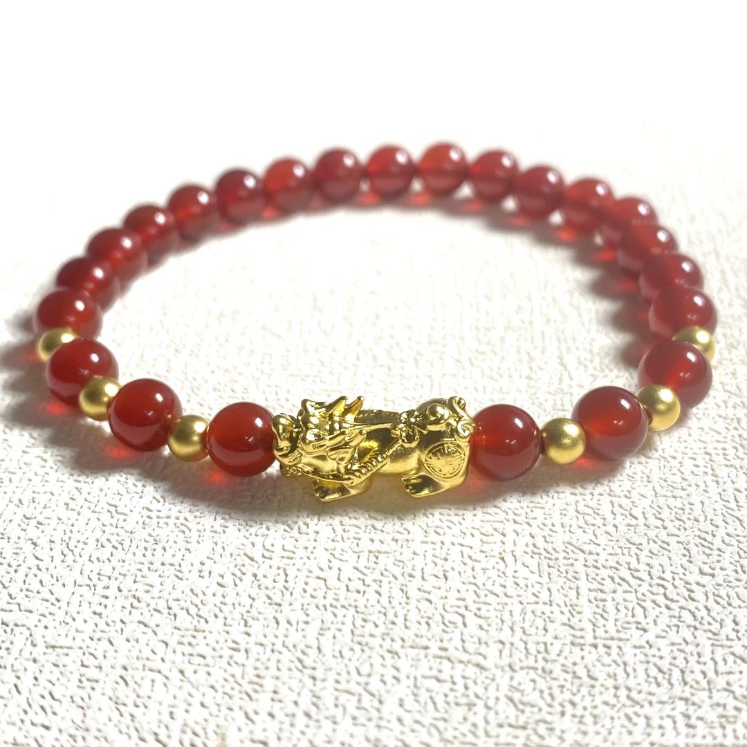 璞玉 足金999中貔貅+6颗卡4古法搭红玛 瑙手串@@A242