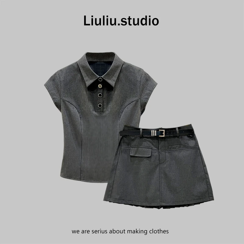 LiuLiu定制【时髦高定】设计感翻领显瘦上衣+拼接百褶裙套装三件套