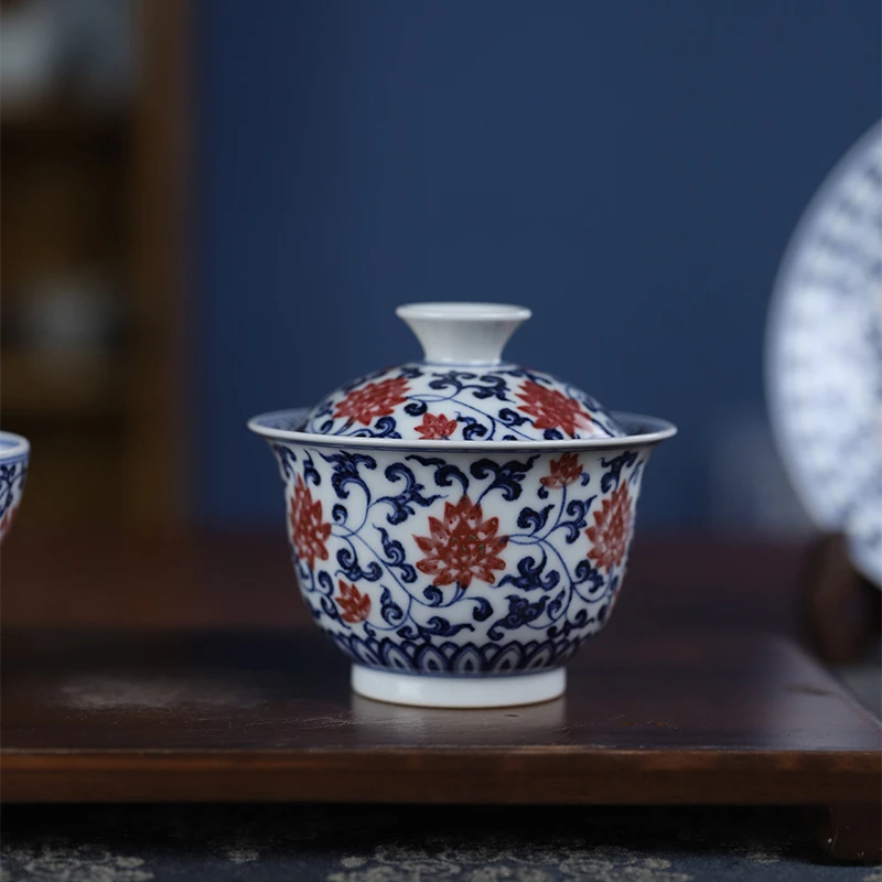 原矿料手绘青花釉里红缠枝莲盖碗泡茶盖杯景德镇手工复古陶瓷茶具