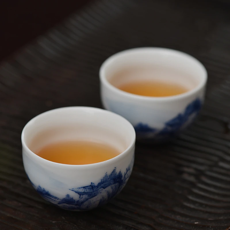 七十二手 手绘青花山水品茗杯功夫茶杯 景德镇手工复古陶瓷茶具