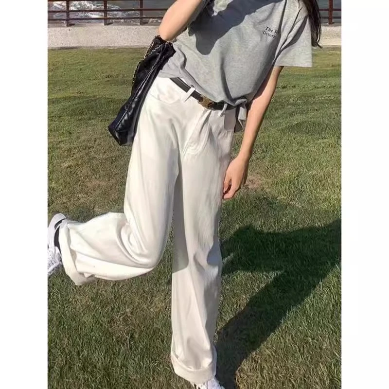 白色高腰阔腿牛仔裤小个子爆款直筒裤子窄版爆款裤子秋装女裤九分