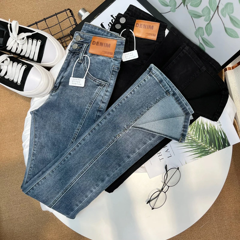 开叉微喇牛仔裤女高腰爆款喇叭裤子大码胖mm秋装直筒裤小个子爆款