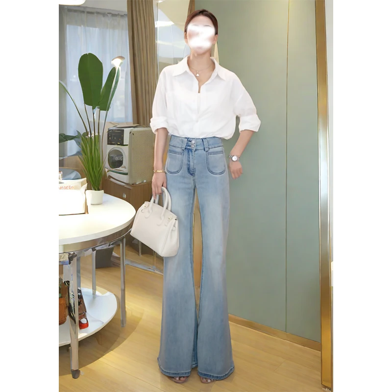 新款高腰水洗高档牛仔裤女2025秋装复古宽松阔腿裤拖地直筒裤长裤