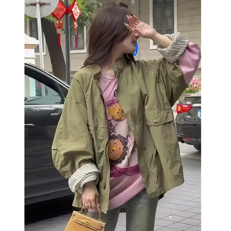 48小时发货设计感夹克上衣新款宽松复古港风chic绿色工装外套