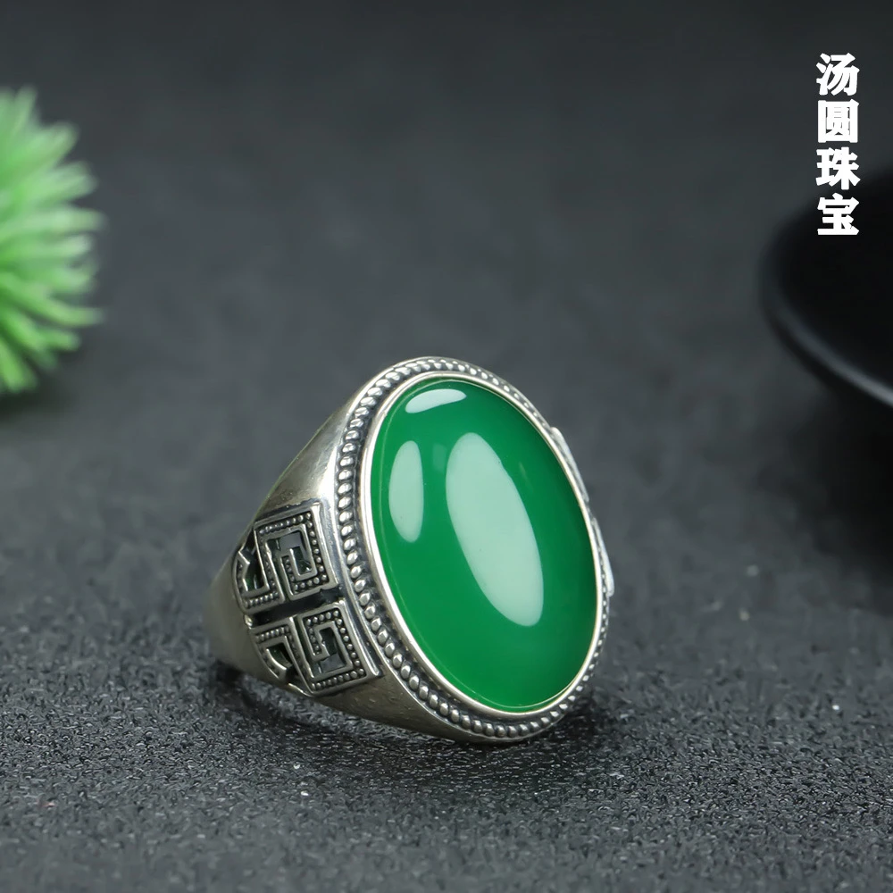 天然帝王绿加大鸽子蛋男士s925银镶嵌复古工艺加厚版开口戒可调节