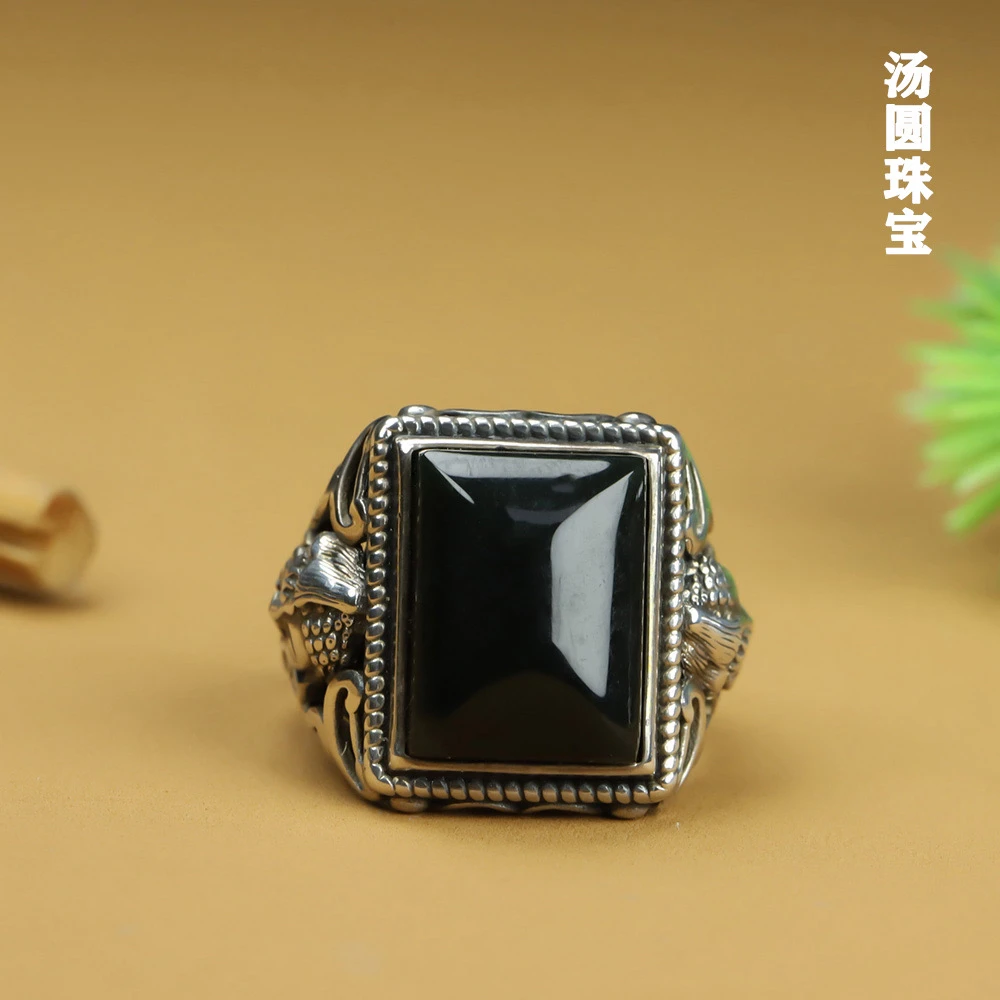 天然黑金刚黑玛瑙大版平安戒男士复古工艺s925银镶嵌开口戒可调节