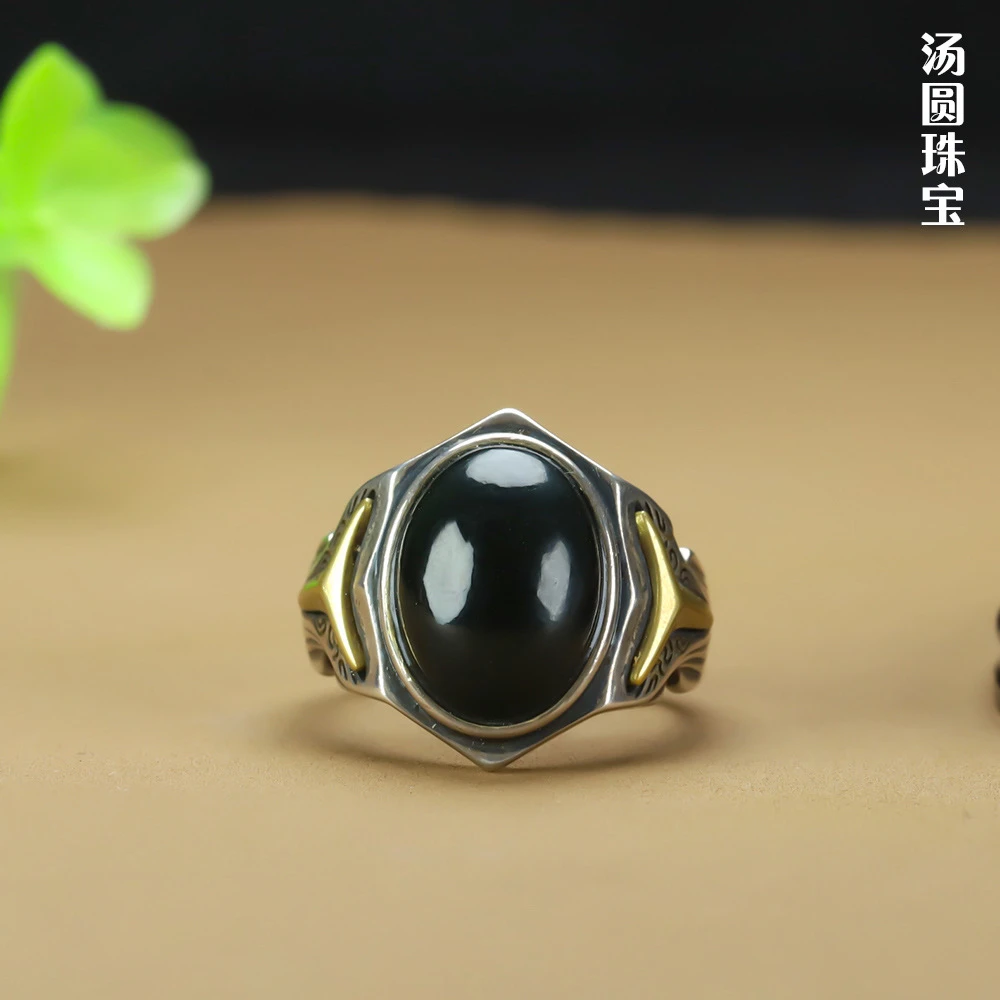 天然和田玉墨玉双拼色s925银镶嵌复古工艺加厚版开口戒可调节