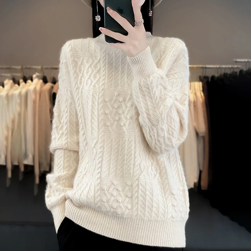 2024新款慵懒风勾花100%羊毛衫上衣女士半高领长袖针织衫毛衣秋冬