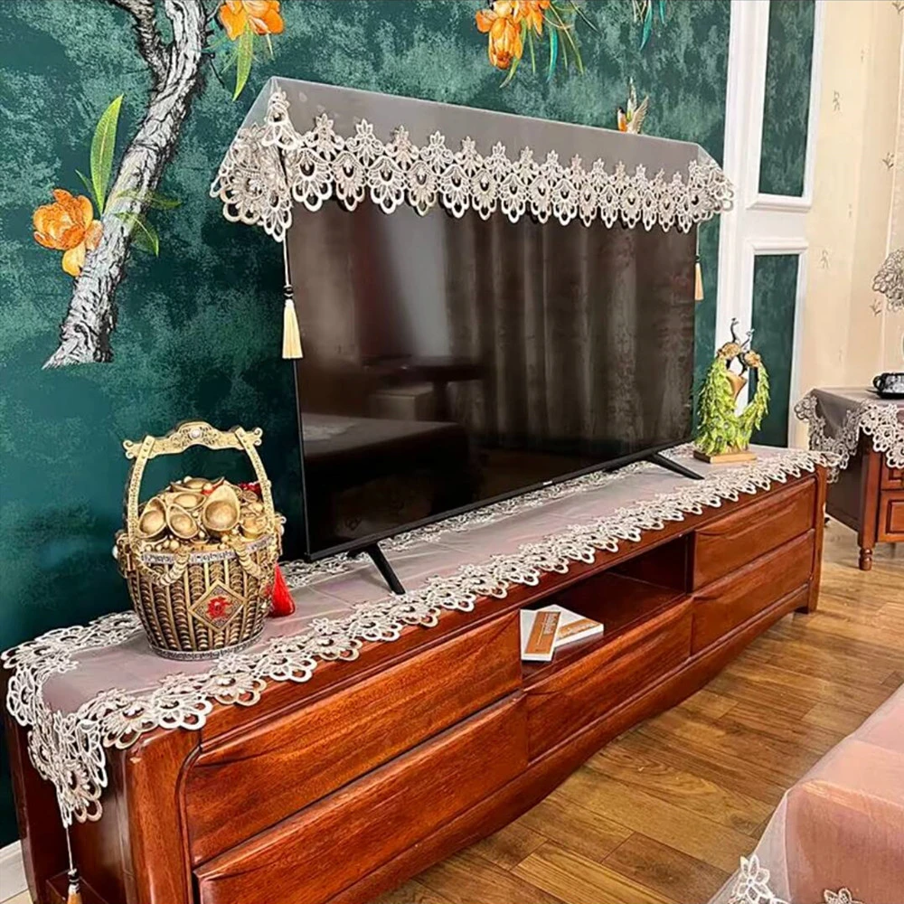 新款简约电视盖巾曲面直面液晶电视通用刺绣蕾丝花边电视防尘巾